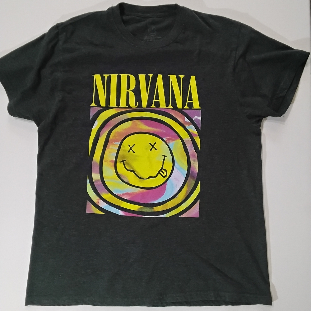 Nirvana T-shirt Mens Large Grey Yellow Multicolor‎ Logo 90s Grunge Graphic Tee